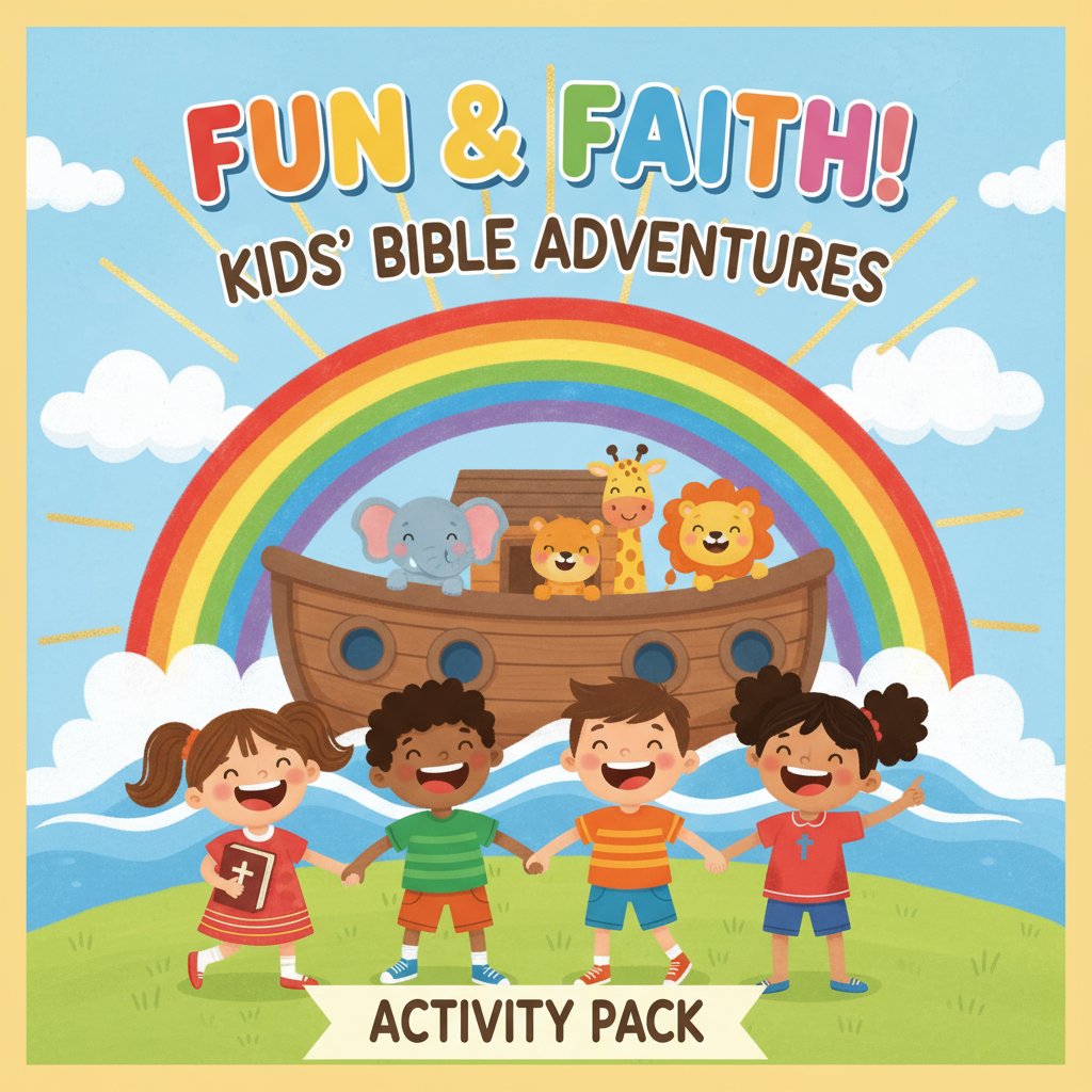 Colorful kids Bible stories activity pack with cartoon children and Noah's ark