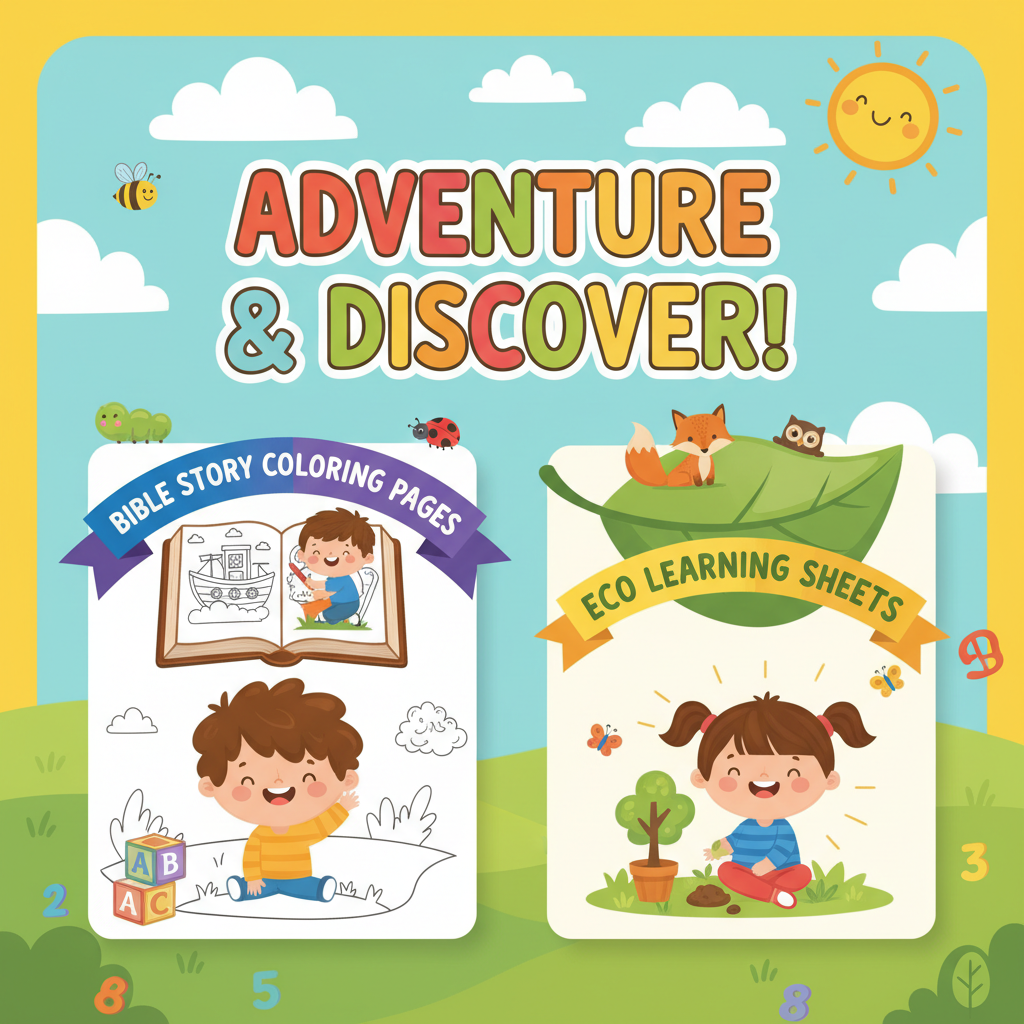 Colorful toddler and preschool digital activity pack with Bible coloring pages and eco learning sheets
