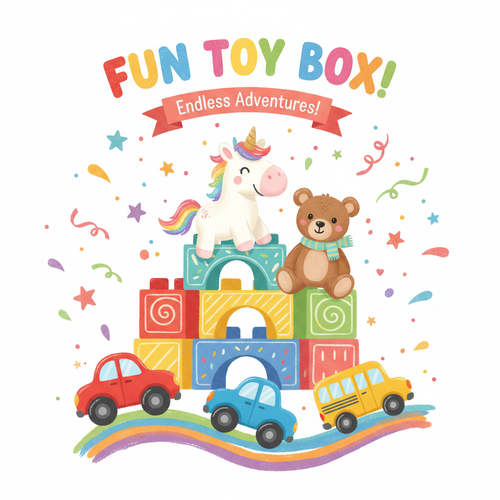 Colorful kids toy bundle with building blocks, stuffed animals and toy cars